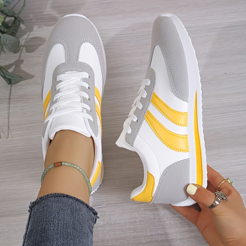 baskets basses pour femme gnpv   synth   l g re et semelle en eva lacets rayures multicolores   es toutes les tenues semelle amortie pour   de sport la plage   rieur   es base blanche avec motif rayures pour   et   chaussures pour cn36 eu36 jaune 0