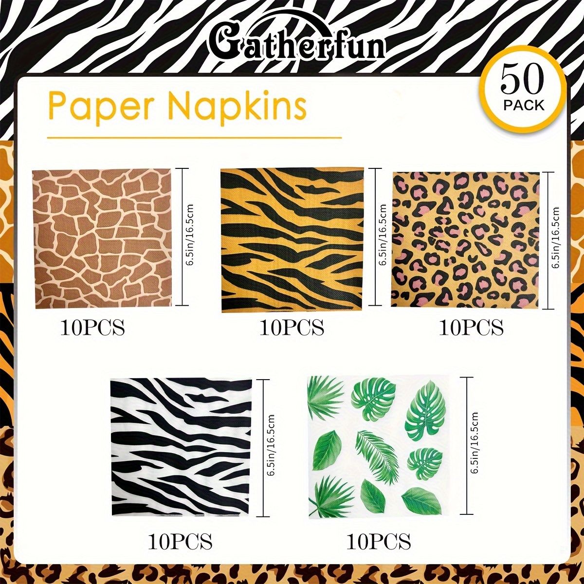Image of Animal Print Themed Birthday Party Supplies Including Napkins, Decorations Featuring Zebra, Leopard, Leaf, Tiger, And Giraffe Patterns For Event Setup For Halloween、christmas
