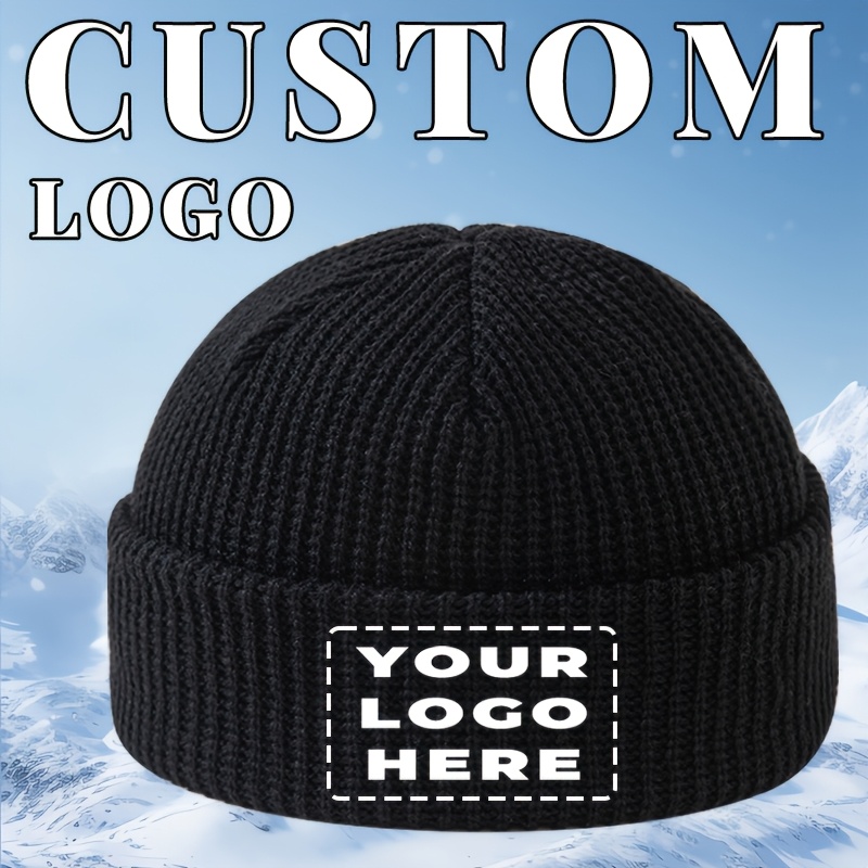 TEMU Custom Logo Printed Unisex Pom-pom Knit Beanie, Thickened Warm Brimless Hat, Outdoor Casual Pullover Hat, Outdoor Cycling Thermal Hat, Men's