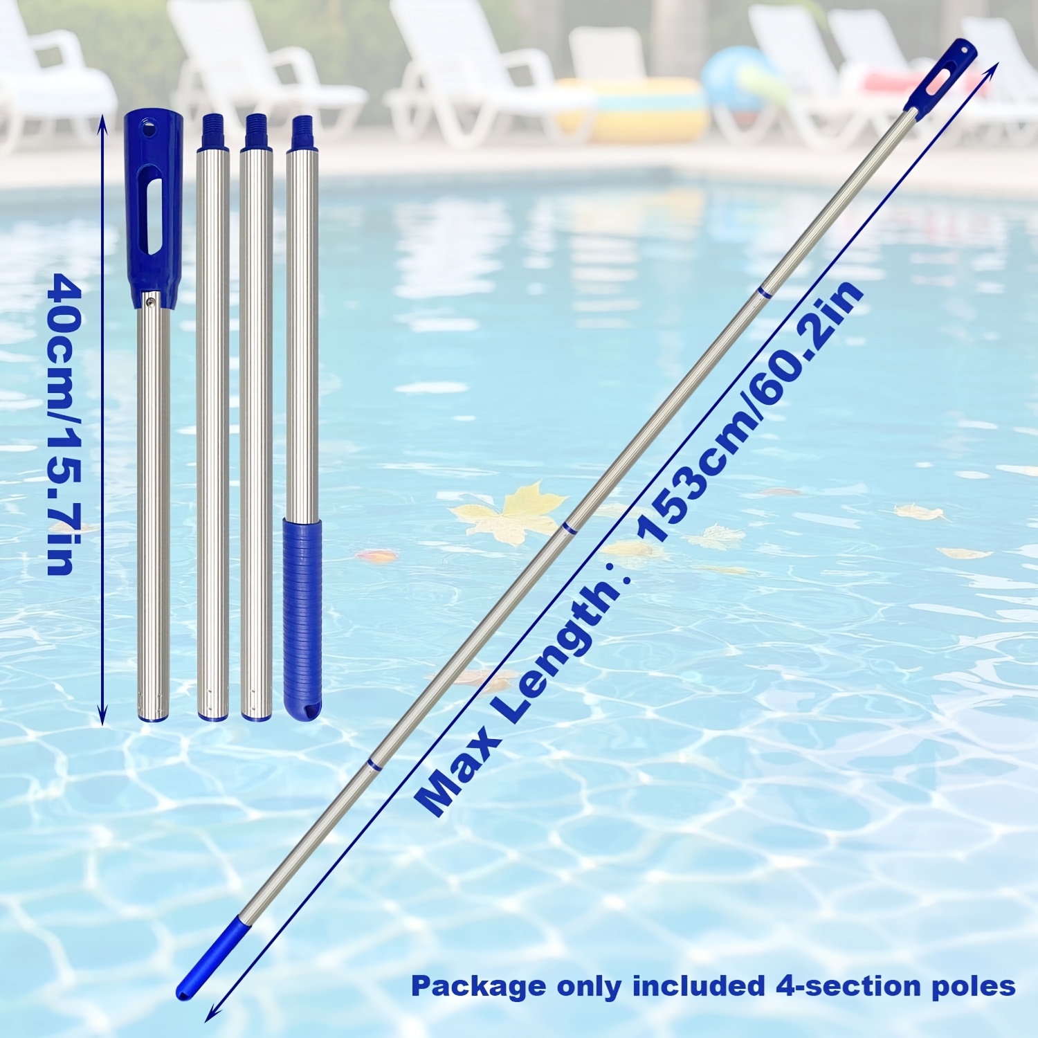 Image of 1 Set 4-sections Pool Pole, Total Length 60 Inch Aluminum Pole With Plastic Sleeve Joint For Pool Skimmer Net/brush/vacuum Head And Pool Cleaning Tools, Pool Replacement Parts