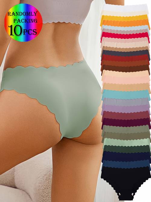Conjunto Aleatório de 10 Calcinhas Femininas Sem Costura, com Design de Borda Ondulada, Macias e Confortáveis