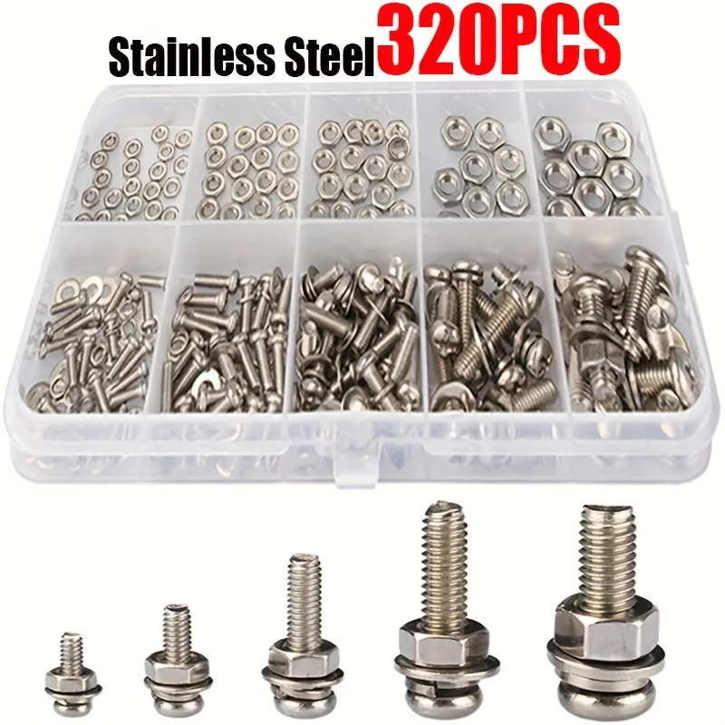 

320pcs Stainless Steel Hex Nut And Bolt Assortment Kit - Metal Snap-in Nuts M2-m5 Sizes For Diy, Repair, And Industrial Use