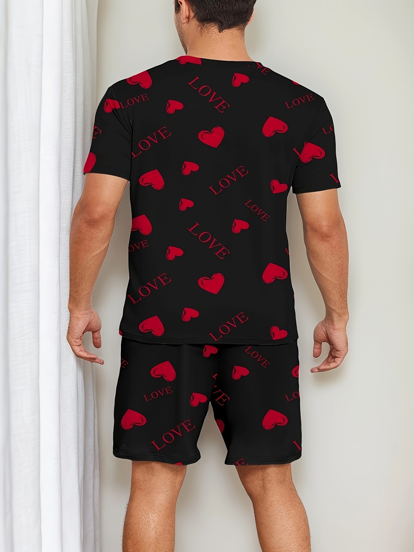 [1 DRESS FOR WOMEN OR 1 TOP+1 BOTTOM FOR MEN] Romantic - Valentine'S Day Couple Style Homewear - Heart Letter Print - Men'S Short Sleeve Shorts Or Women'S Dress