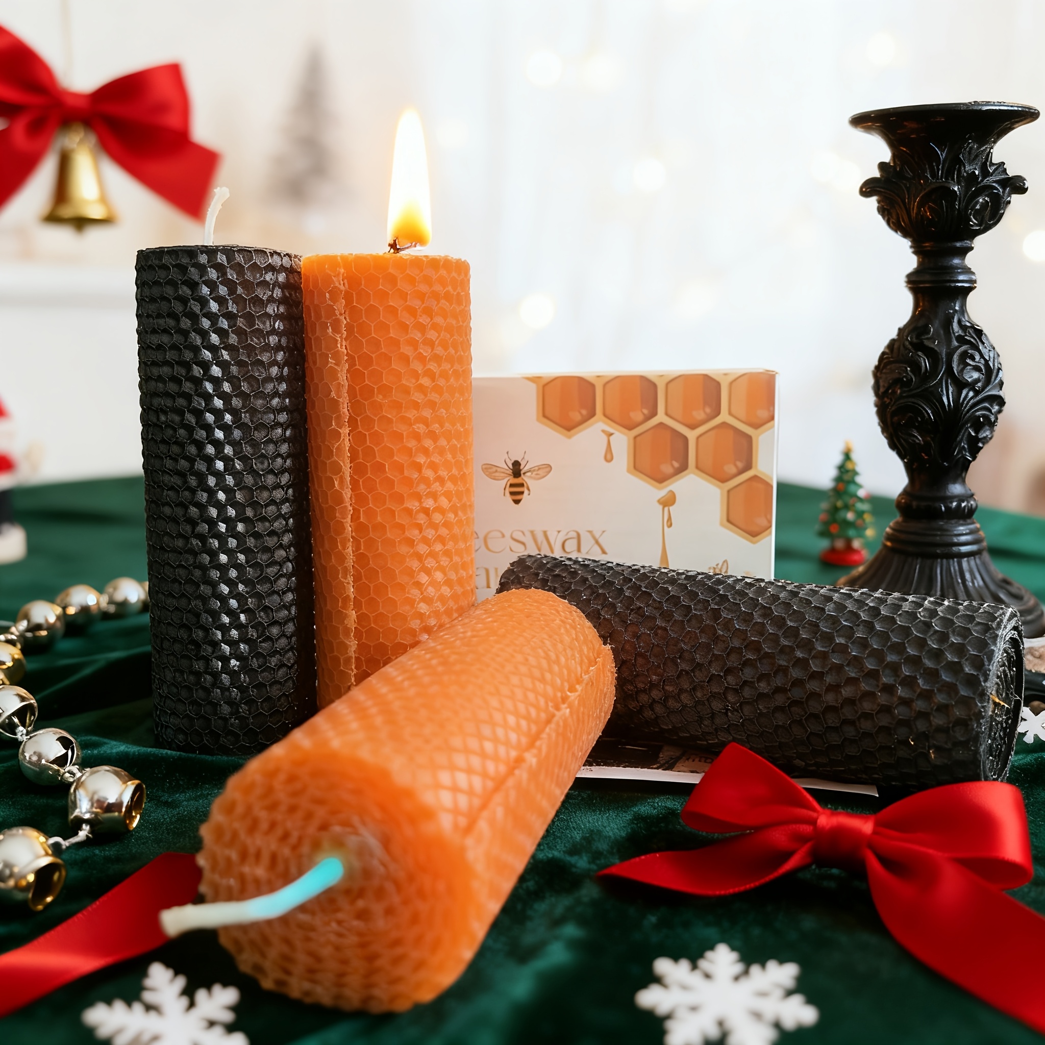 Un juego de 2 velas de cera de abeja, velas festivas, cera de abeja enrollada, velas de cera de abeja naranja hechas a mano, negras, tamaño 5X15Cm, tiempo de combustión prolongado, adecuadas para Navidad, Halloween, fiestas, decoración del hogar, velas de invierno, Día de San Valentín, Hanukkah