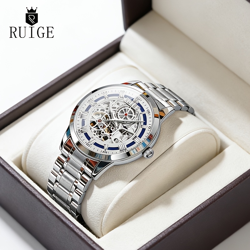 Image of Ruige Classic Men's Fashion Automatic Mechanical , Stainless Steel Strap Hollow Mechanism Watch, Circular Face, Glowing Business Gift Wristwatch, Without Battery