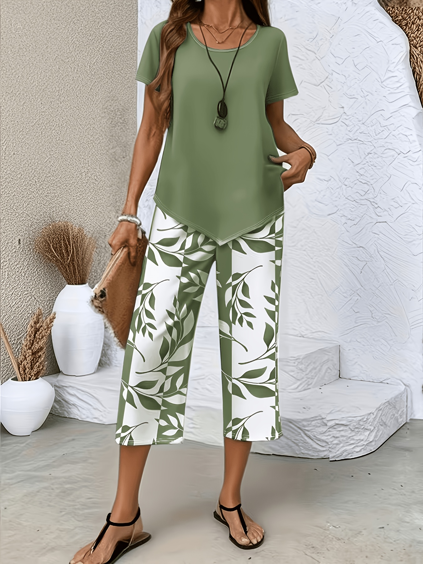 dames 2-delige set, zomerse elegante casual vakantie   t-shirt met korte mouwen en capri broek outfit