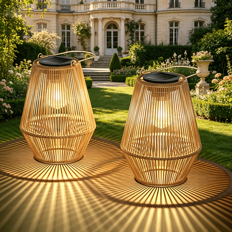 Set of 1/2/4 Bohemian Rattan Solar Lanterns, Weather-resistant Decorative Lights for Farmhouse Patios & Courtyards, IP65 Rated Outdoor Hanging Rattan Solar Lanterns with Auto On/Off Warm White Light, Ideal for Gardens, Porches, Trees and Windowsills