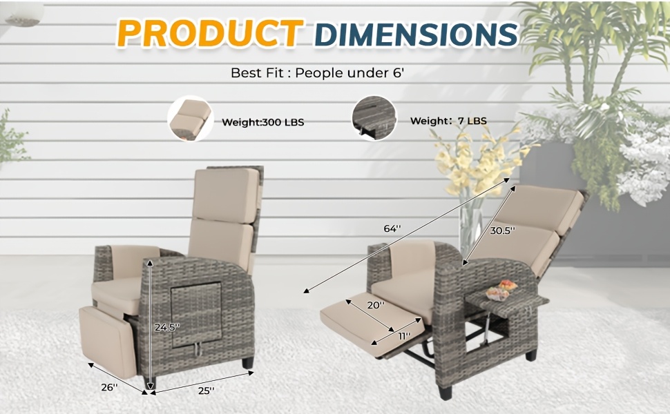 Outdoor Patio Recliner Chair, Independent Adjustable Backrest Up To Lay Flat & Extended Footrest, Flip-Up Side Table, Removable Cushion, All-Weather Wicker, Aluminum Metal Frame For Porch Balcony Garden Poolside