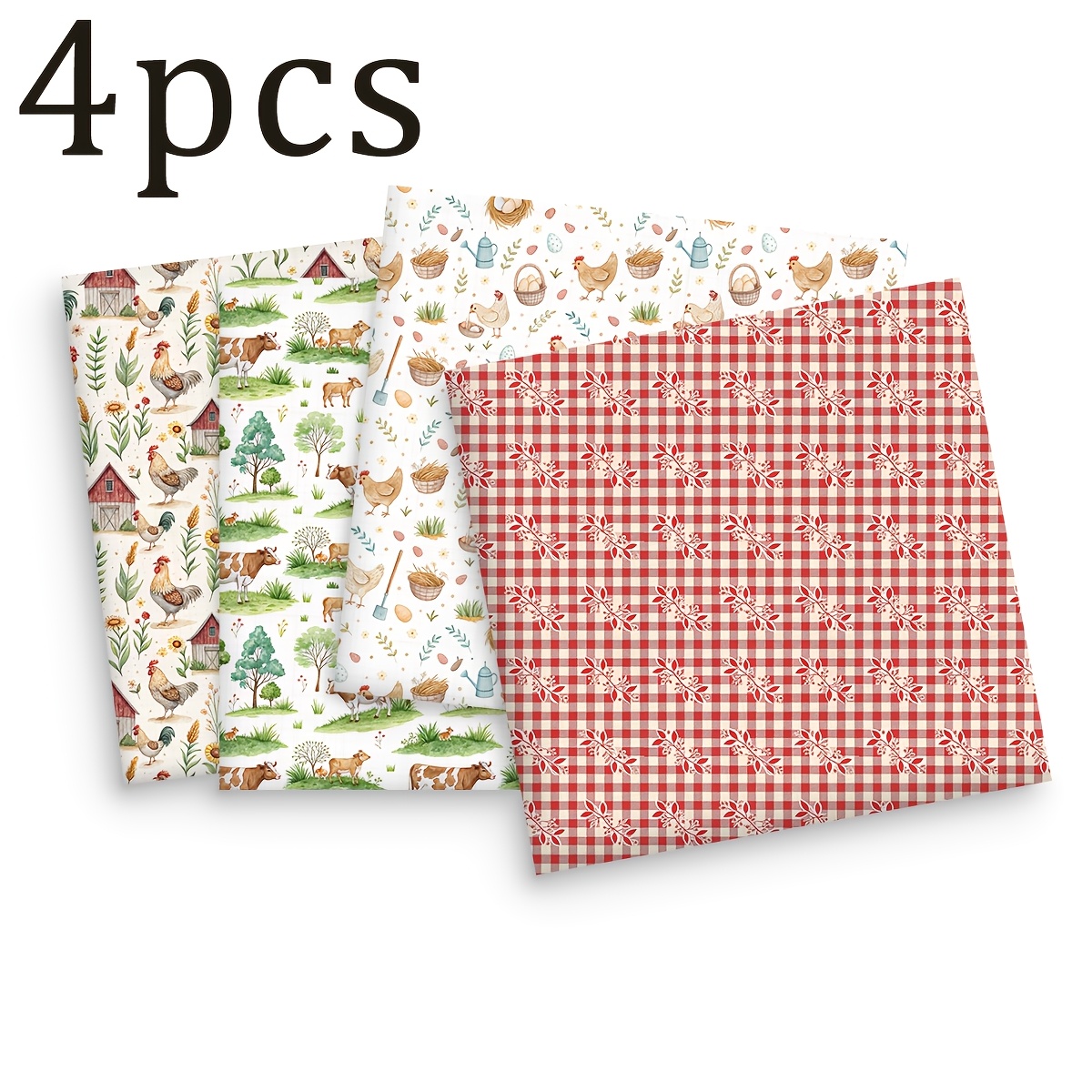 TEMU Stock Limité, Article en de Stock ! Ensemble Matelassé Style Ferme Vintage avec Imprimés Aquarelle Pastoraux de Coq à Carreaux Rouges et Blancs,