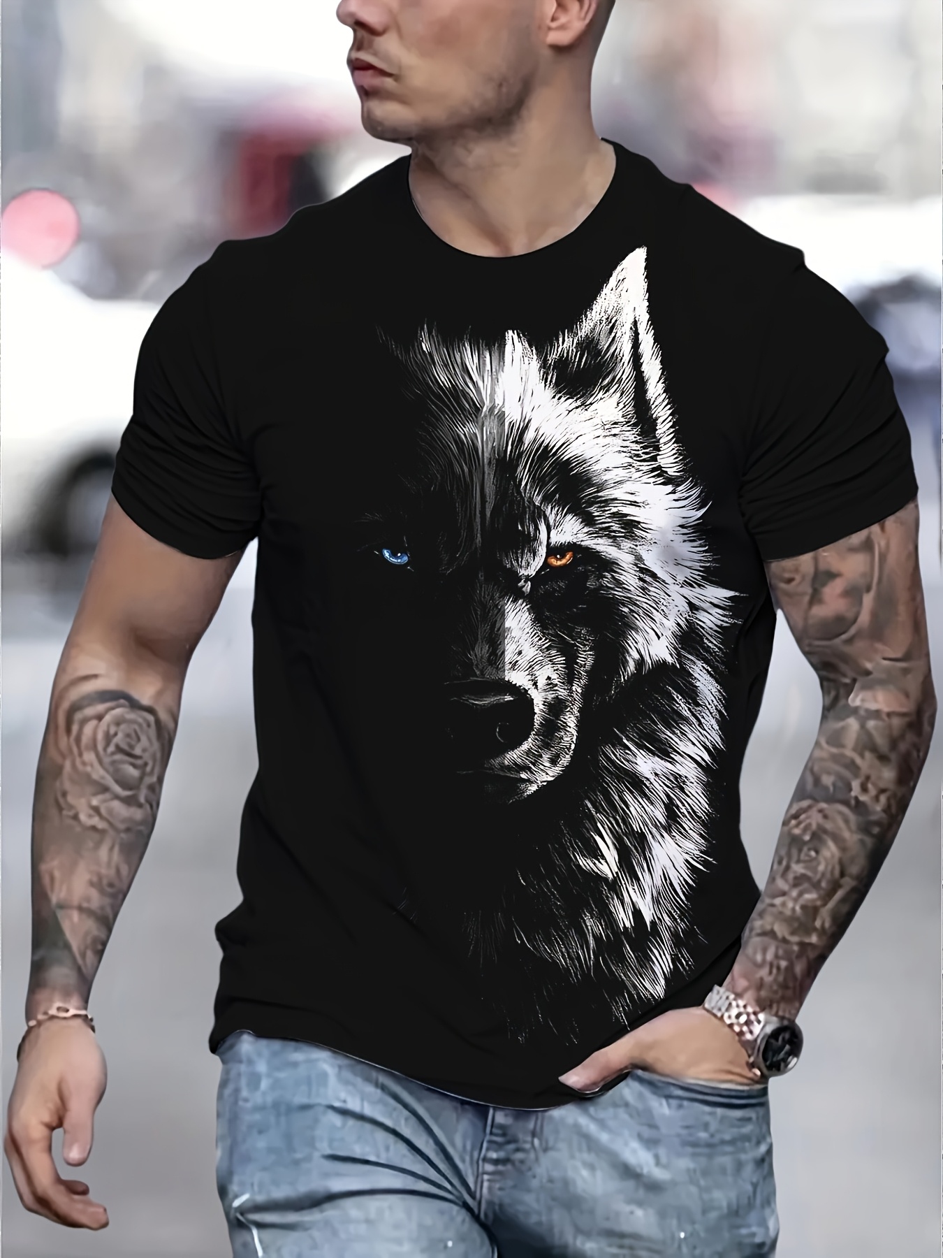 mens vintage wolf print t shirt 100 polyester short sleeve crew neck machine washable stylish animal     black with white wolf graphic casual streetwear look   fashion polyester fabric
