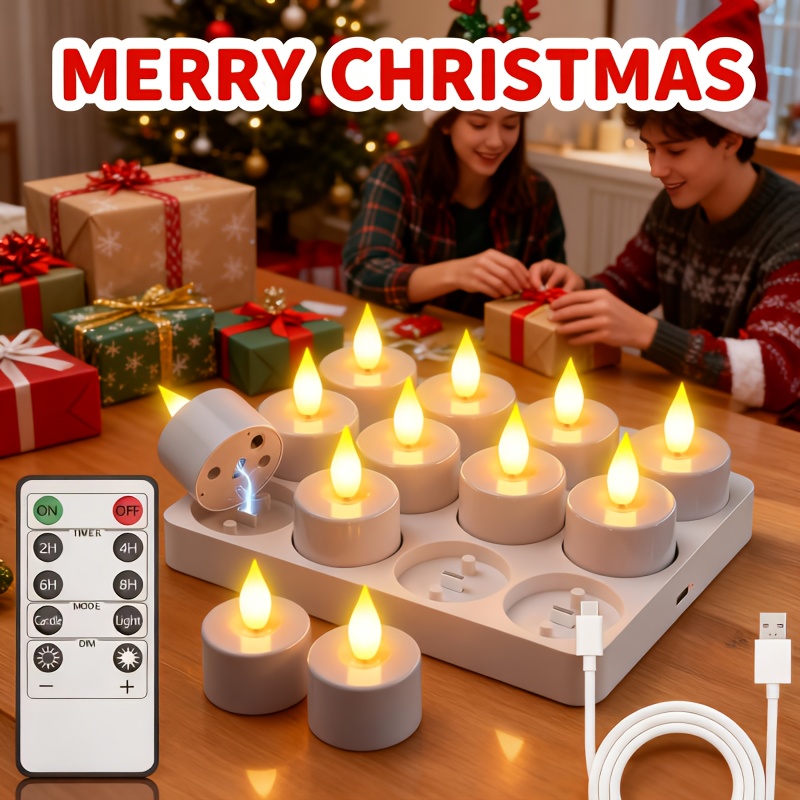 item picture 12pcs rechargeable   led tea light candle set with remote charging base battery powered flameless candles realistic flickering flame effect plug and play timer for weddings christmas halloween parties