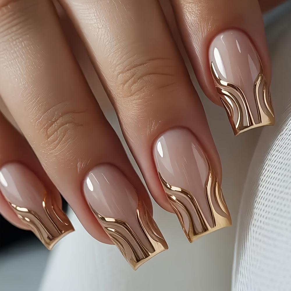 24 pç Unhas de Pressão Artesanais para Mulheres - Curva C Média, Listas Onduladas Cor-de-Rosa  8