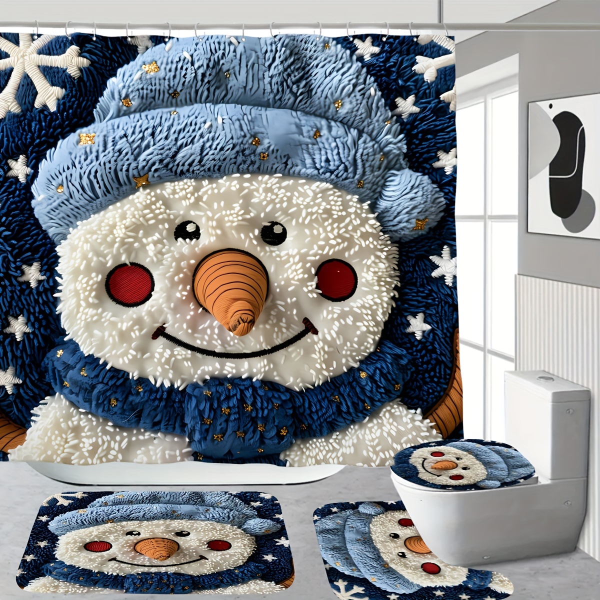 

Snowman Shower Curtain Set 12 Plastic - Includes Carpet And Lid - Polyester Cloth - 180*180cm