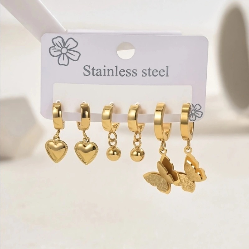 E-shop 3 Paar lange Ohrringe, Schmetterling und Herz Design, klassischer Edelstahl Alltagsstil
