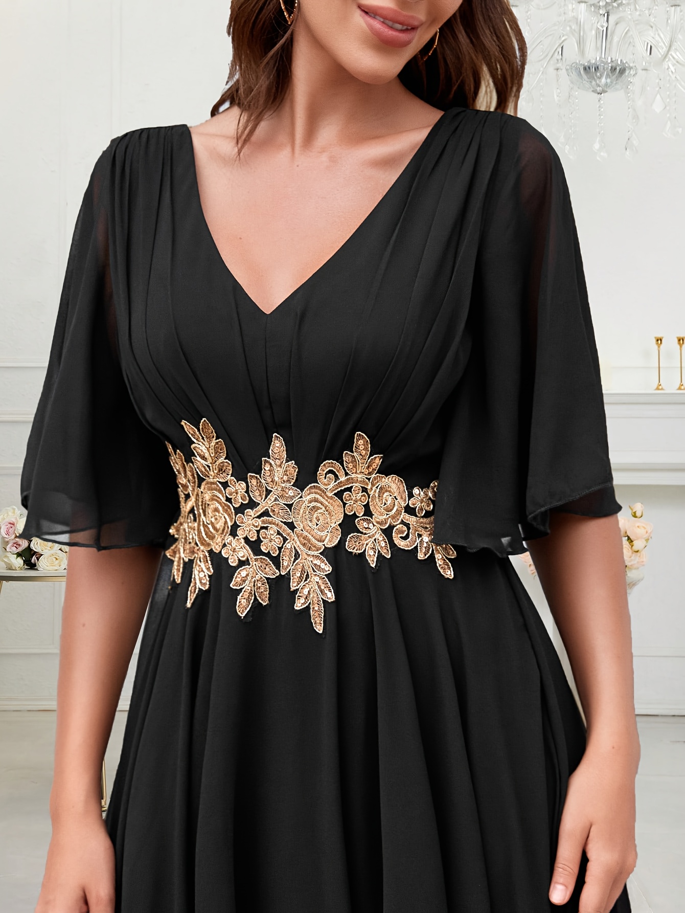 green emerald velvet dress Betsy & Adam Women's Embroidered Halter Gown - Navy/Gold main image 1