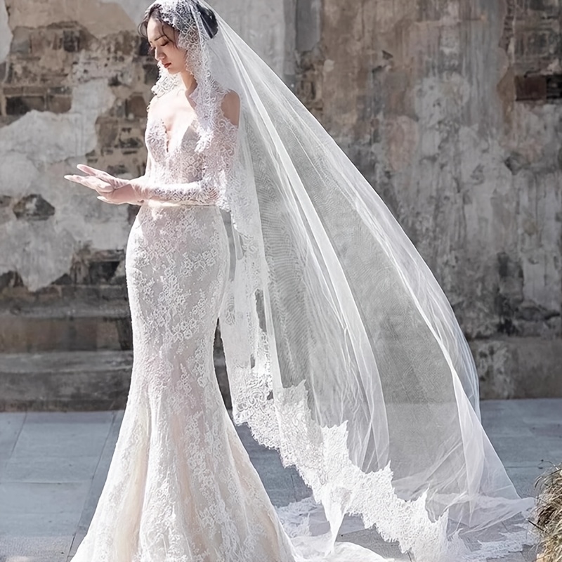 TEMU 1pc White 2.5m Elegant 1 Layer Soft Lace Edge Bridal Veil Long Marriage Wedding Additions