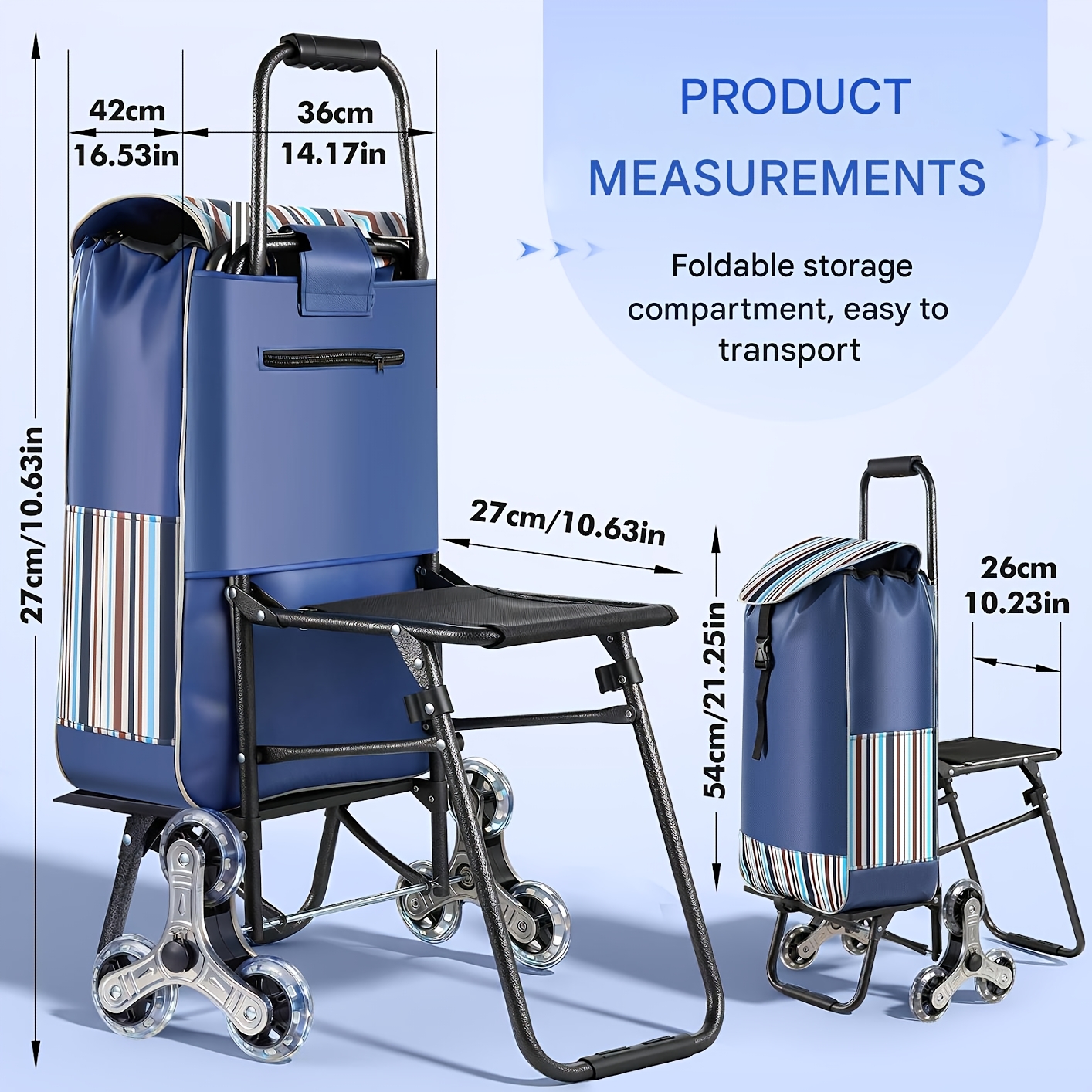 TEMU Stair Climbing Shopping Trolley With Foldable Seat | 3-wheeled Collapsible Grocery Cart With Stool | 40l Large Capacity Market Cart | Heavy Duty