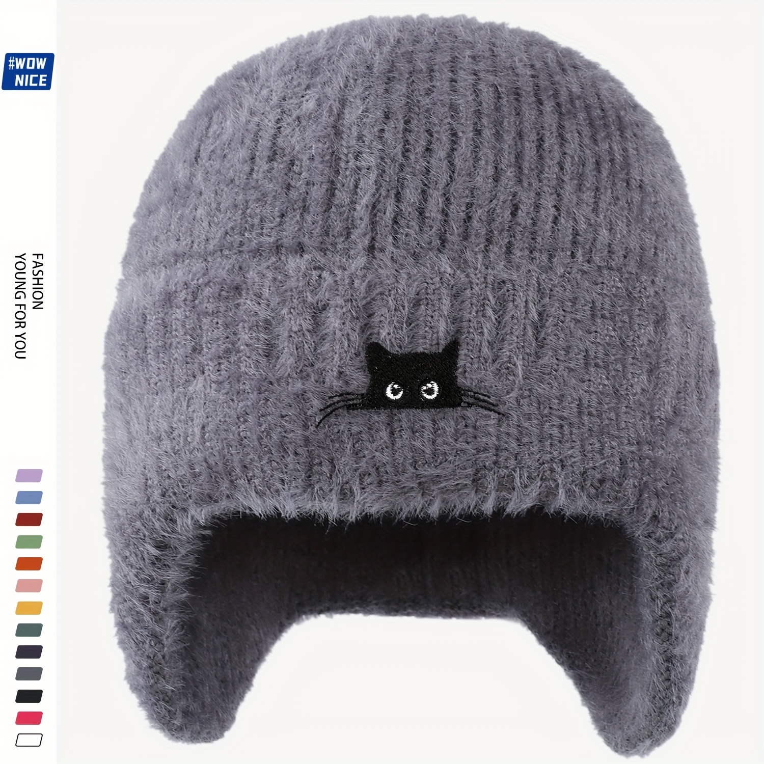 TEMU 1個のフェスティブクリスマス黒猫刺繍暖かいニットビーニーハット、スウィンターアウトドア、快適な通気性のある伸縮性のあるアクリル素材、漫画をテーマにした、カジュアルウェア、スキー、ホリデーギフトに最適