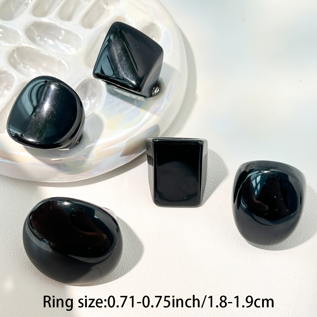 TEMU 5pcs Set Of Solid Black Oversized Irregular Geometric Resin Rings, Fashionable Casual Daily Jewelry For Women, Spring Holiday And Party