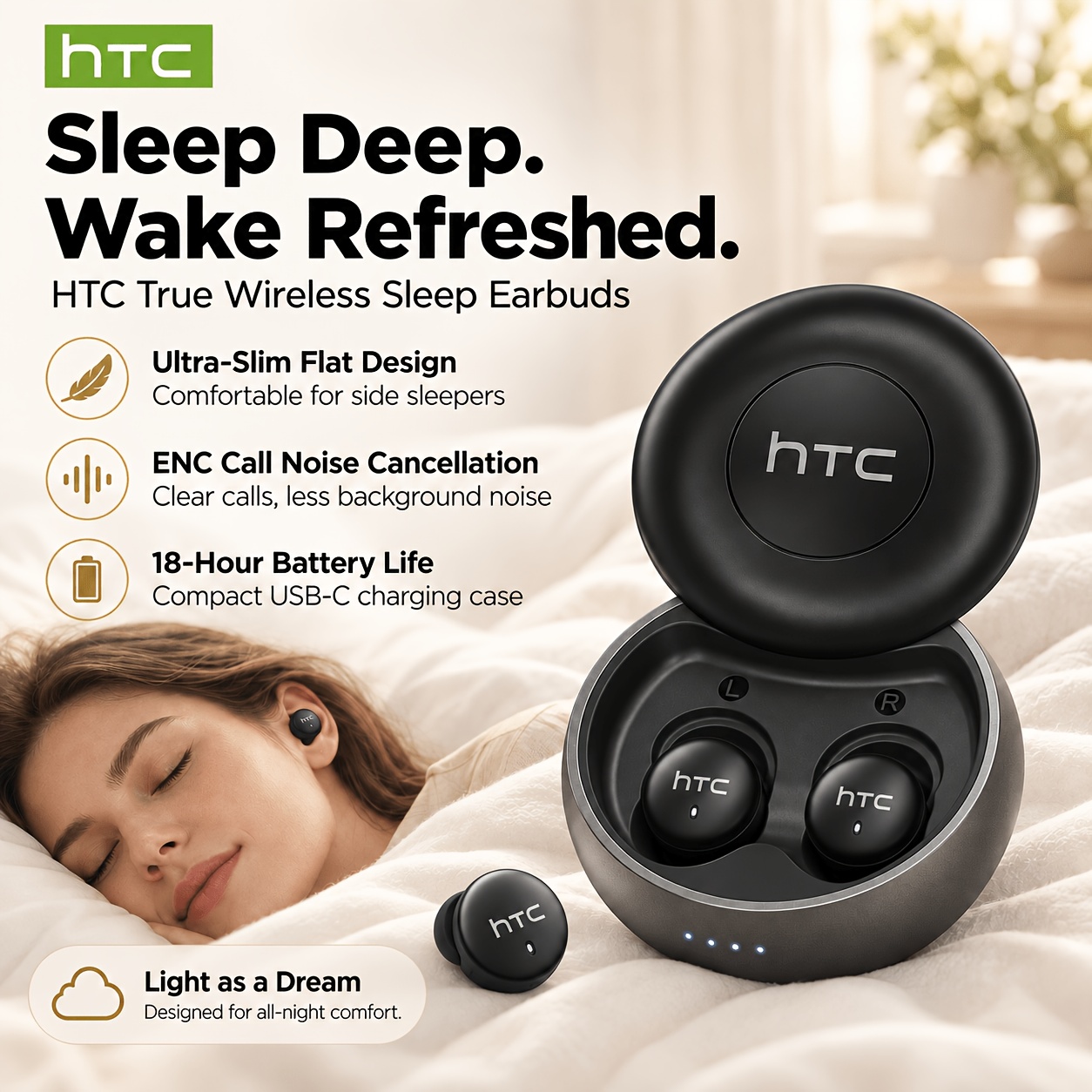 TEMU Auriculares Inalámbricos HTC para Dormir de , Confortables y de | 10 Horas de Streaming LE Inalámbrico | para Dormir con Base | Auriculares