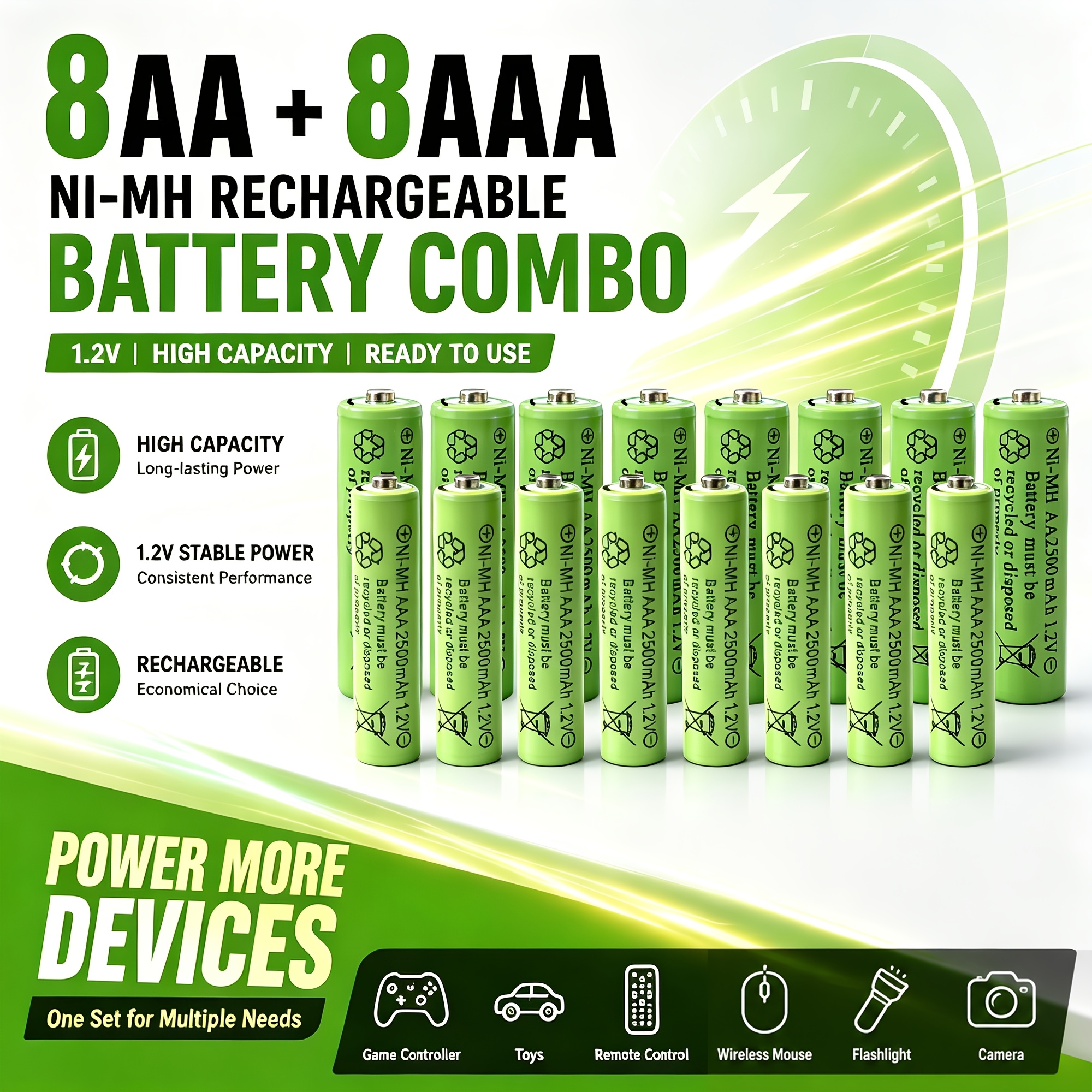 TEMU Lot de 16 piles AA AAA rechargeables, 8 AA et 8 AAA Nimh 1.2V pré-chargées, de vie pour télécommande, horloge, sonnette, jouet et lampe de poche