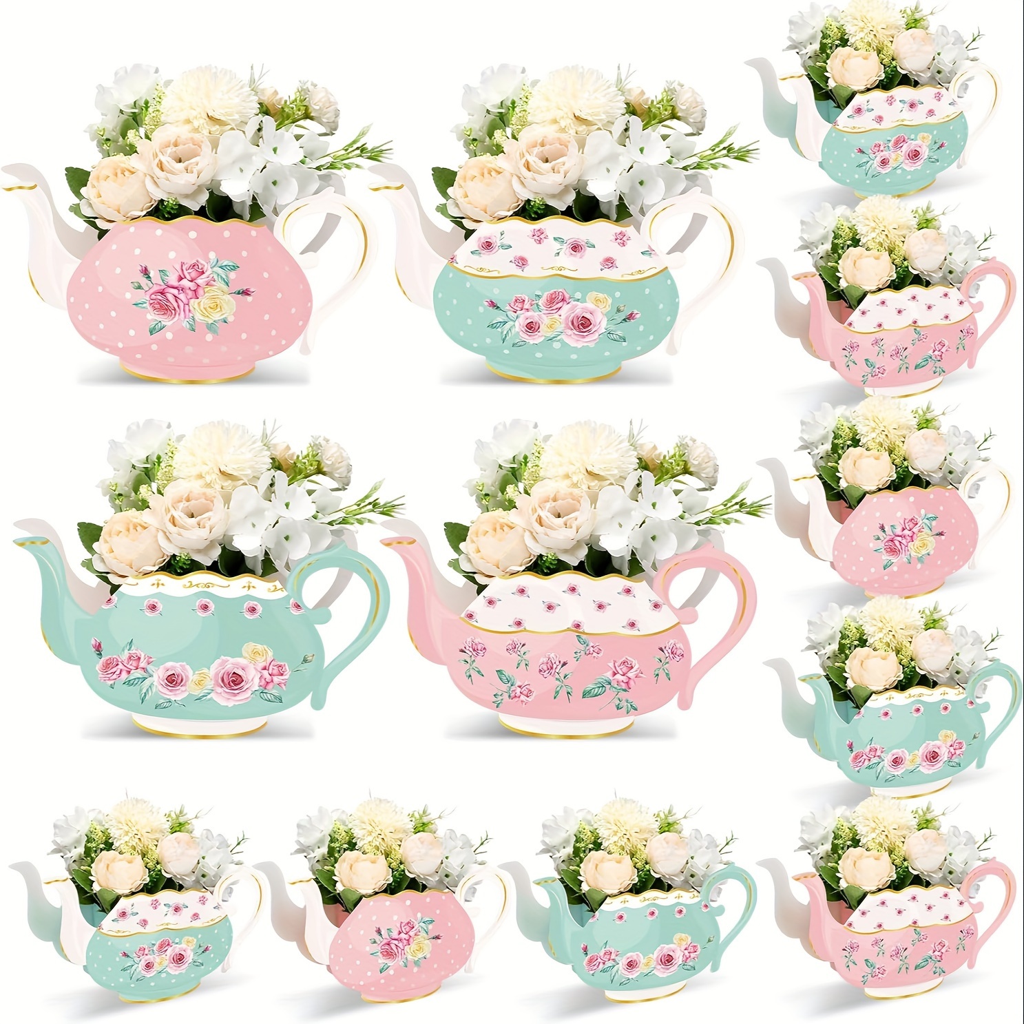 

12pcs Flower Boxes - Princess Theme Floral Teapot Centerpieces For Spring, Birthday, Shower, Wedding, Anniversaries - Cardboard Decorations In Pink & Blue