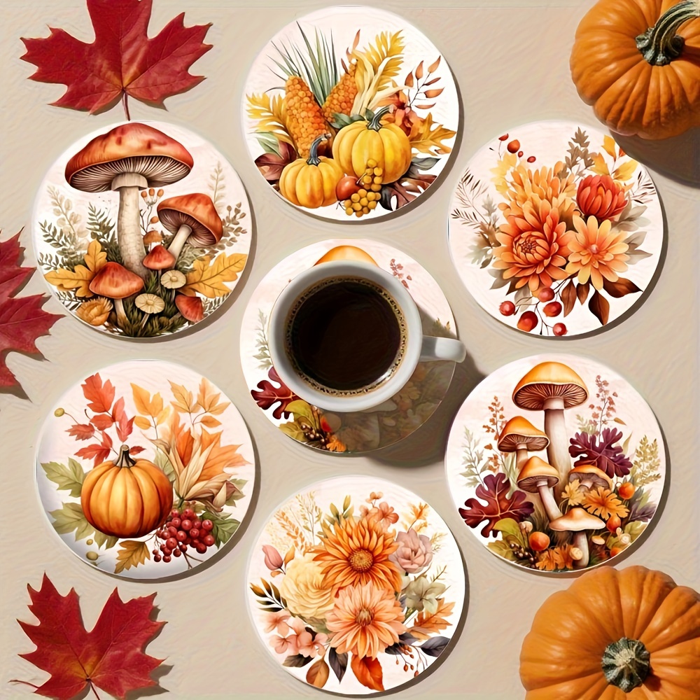 TEMU A Set Of 6 Flat Wooden Coasters Featuring Autumn Designs Such As Pumpkins, Mushrooms, And Fallen Leaves - A Stylish Decoration , Bar, Or Café