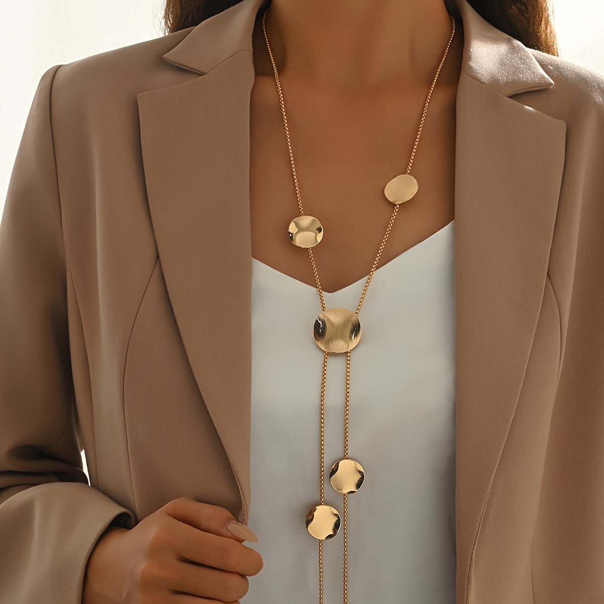 TEMU 1pc Women's Fashion Y-shaped Necklace Irregular Metal Geometric Round Piece Tassel Long Sweater Chain Easy Design Suitable For Daily , Party