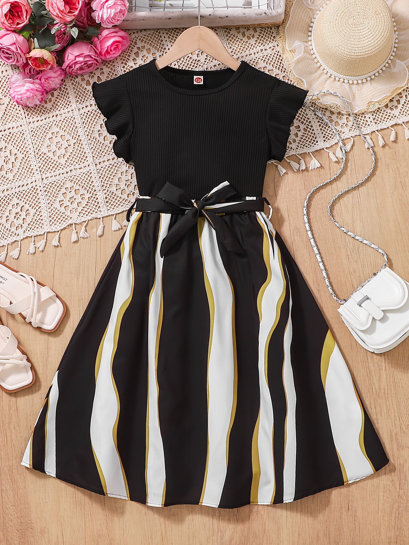 tween girls elegant geometric pattern pencil dress polyester 95 spandex 5 stretch spring   woven fabric with belt detail black 0
