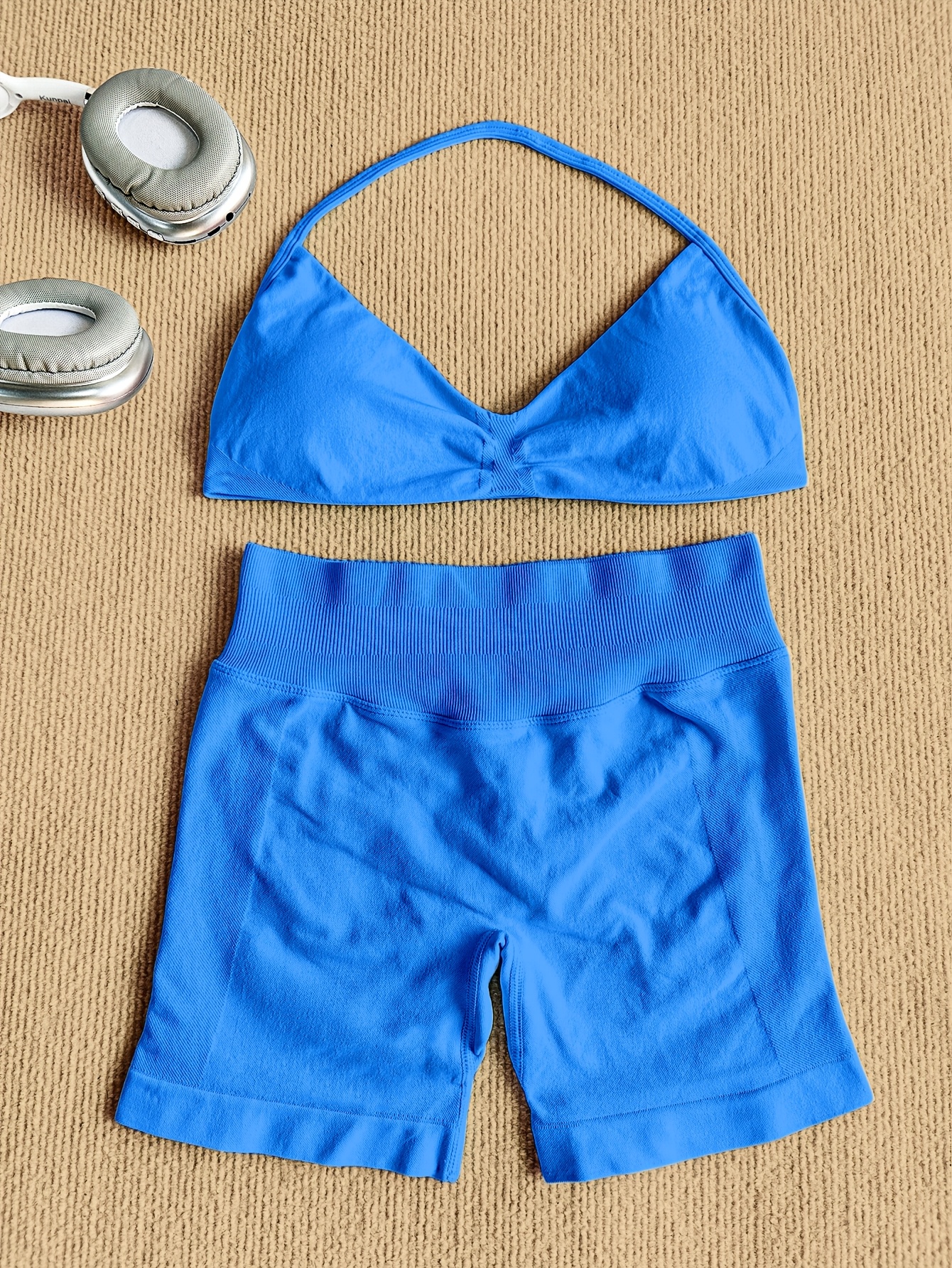 spring   elastic halter neck sports bra and ribbed solid color athletic shorts womens set womens gym wear womens two piece outfit