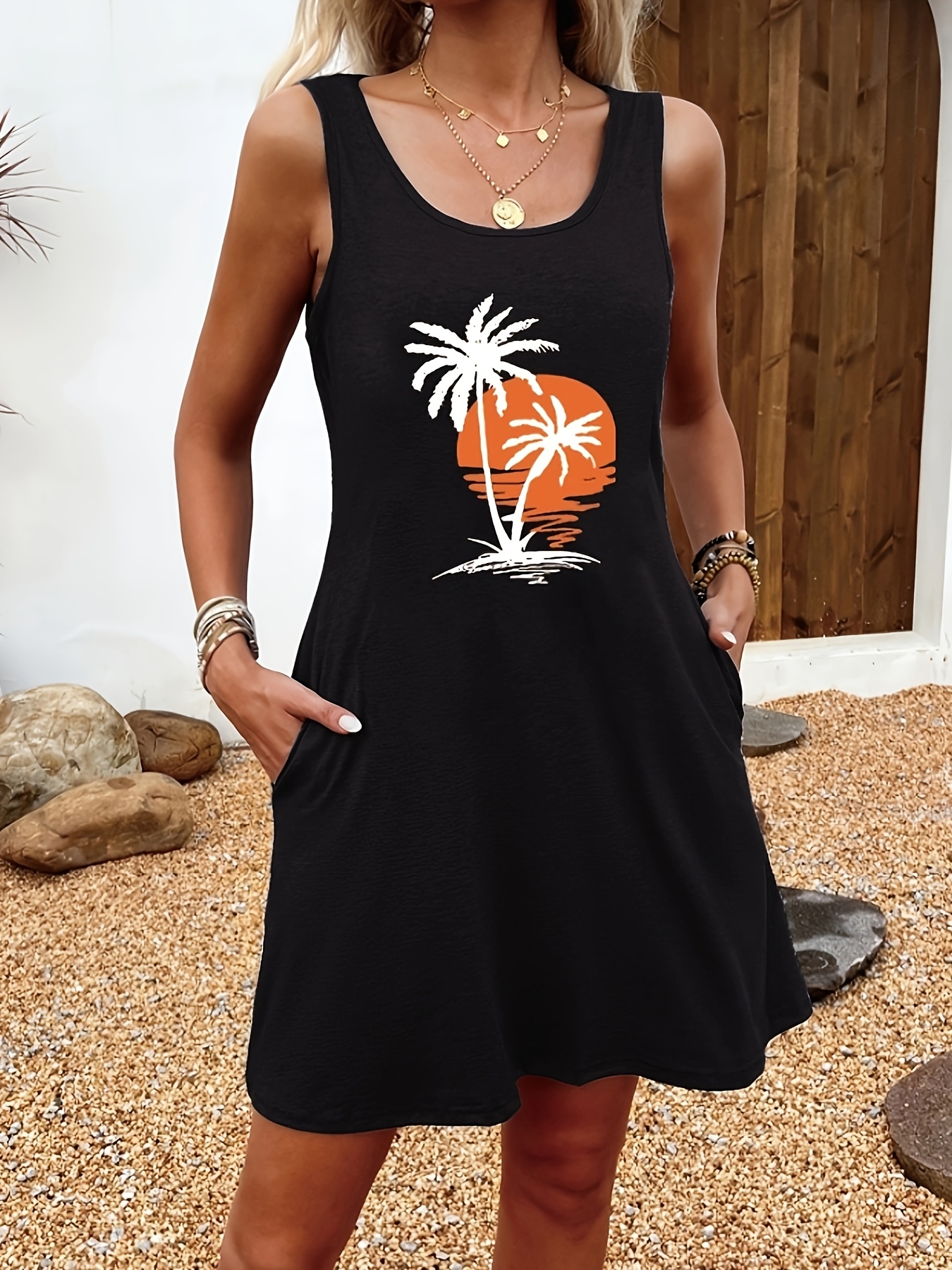 vcy kokospalm zonsondergang print tanktop jurk korte mouwen Temu