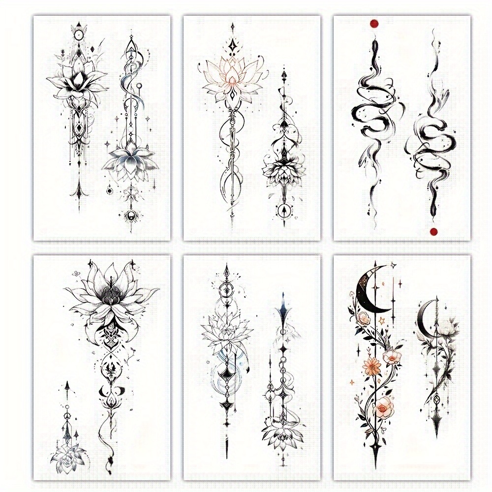 Image of Set Of 6 Waterproof Temporary Tattoos Featuring Lotus, Snake, Moon, Floral Mandala Totem Body Art For Arm Sleeves For Men And Women