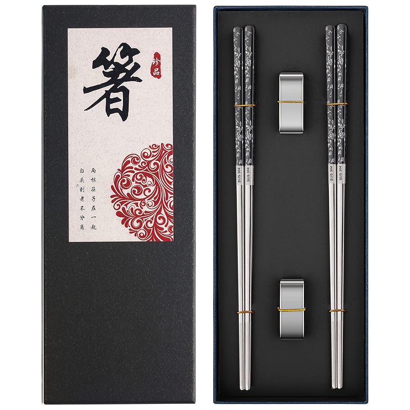 TEMU Of Stainless Steel Folding Chopsticks With Ergonomic Handles - Durable, Slip-resistant, Easy To Clean - Ideal For , Gift Set With Stand,