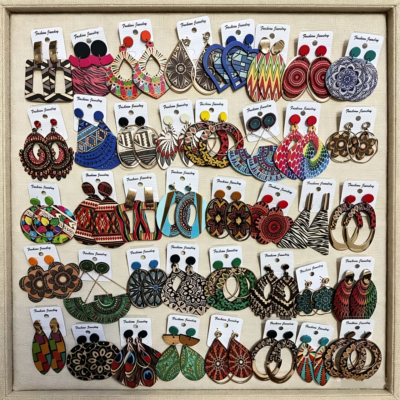 TEMU 12 Pairs Wholesale Retro Bohemian Style Colorful Wooden Women's Pendant Earrings, Print Wooden Earrings, Ethnic Geometric Pattern Ear Jewelry,