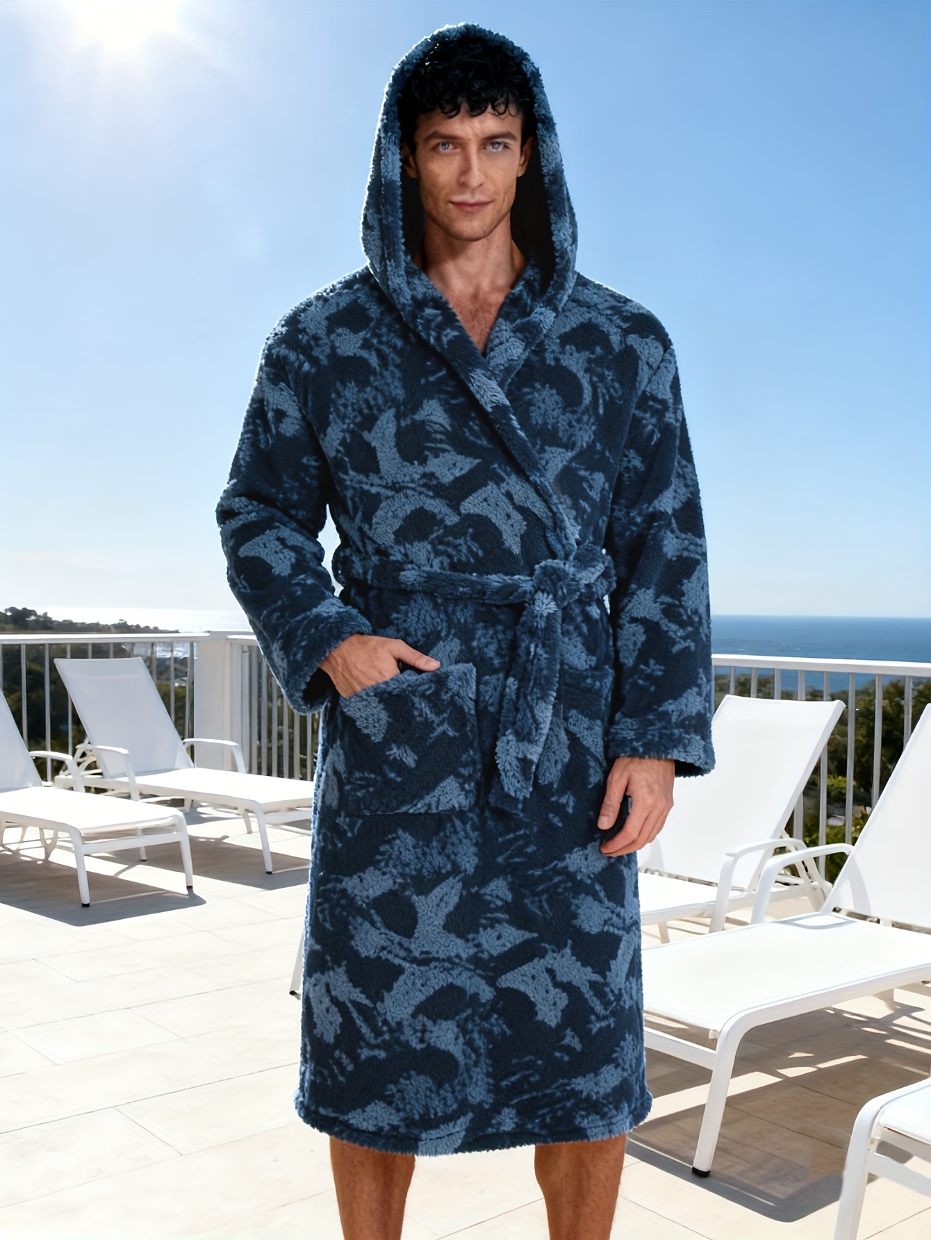 Men's Tie-Dye Coral Hooded Robe - Long Sleeve Kimono Sleepwear with Belt, Loose Fit Winter Robe for home, Spa & Outdoor, Warm Lined Jacket (Tie-Dye Pattern) - Machine Washable All-Season Wear