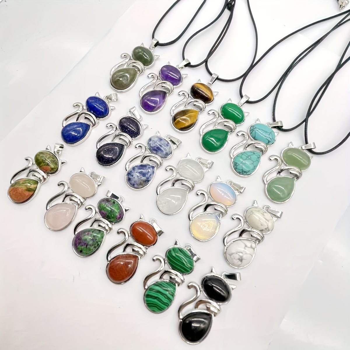 10pcs Natural Stone Cat-Shaped Pendant Ornaments Set
