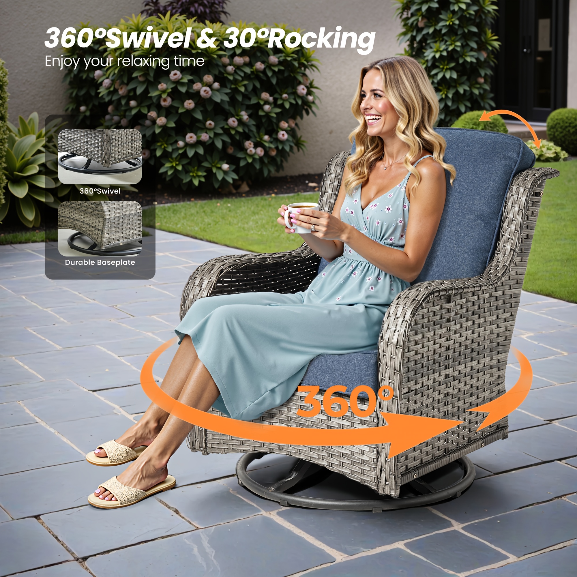 6pcs Outdoor Patio Furniture Set with Swivel Rocking Chairs, High Back Outdoor Sectional Sofa Sets with Side Table - Handwoven Rattan Outside Seating Sofa, Weather-Resistant Couch for Garden/Deck/Backyard/Decor