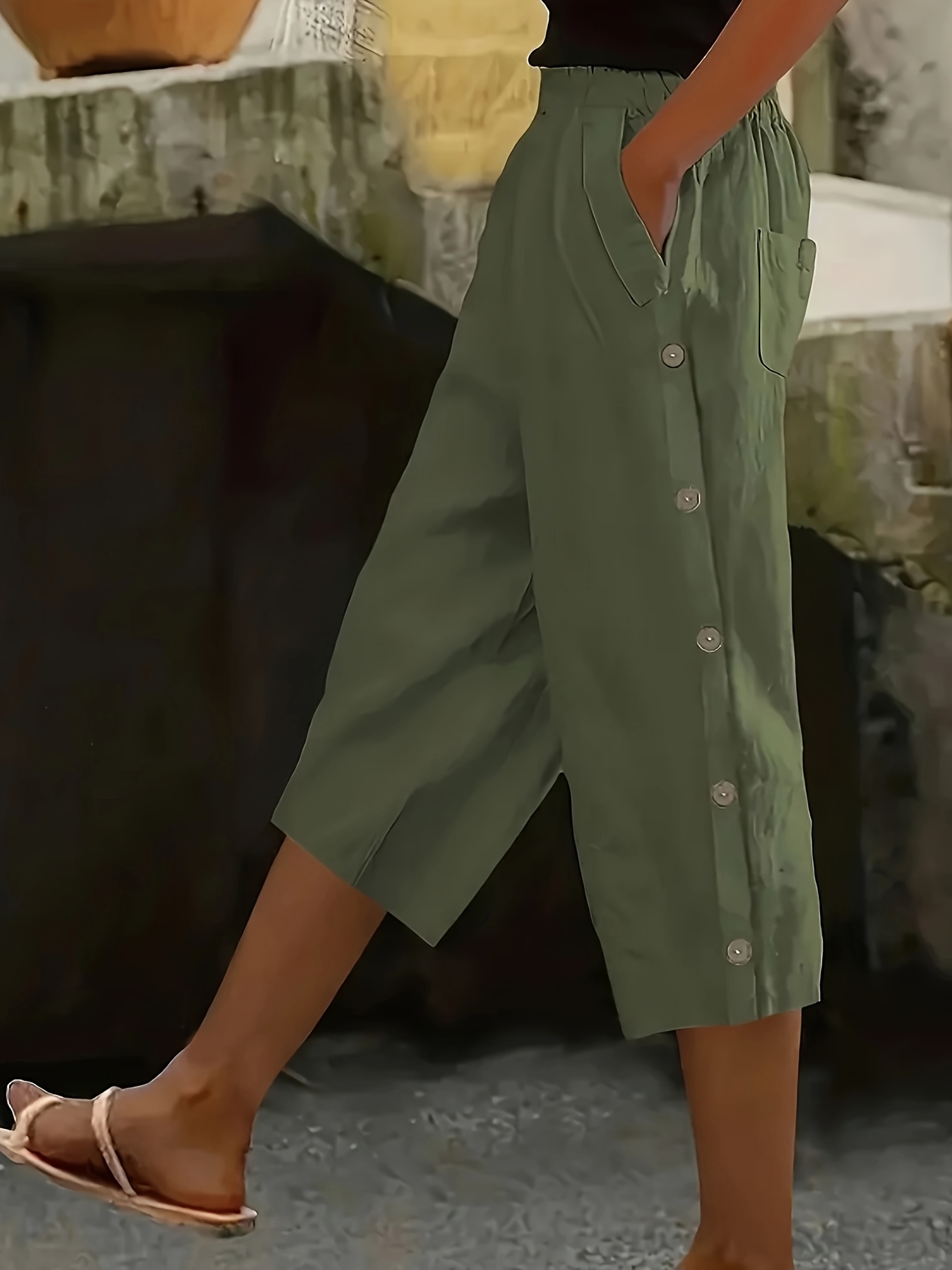 item picture spring summer versatile button decor comfortable elastic waist pocket casual capri pants