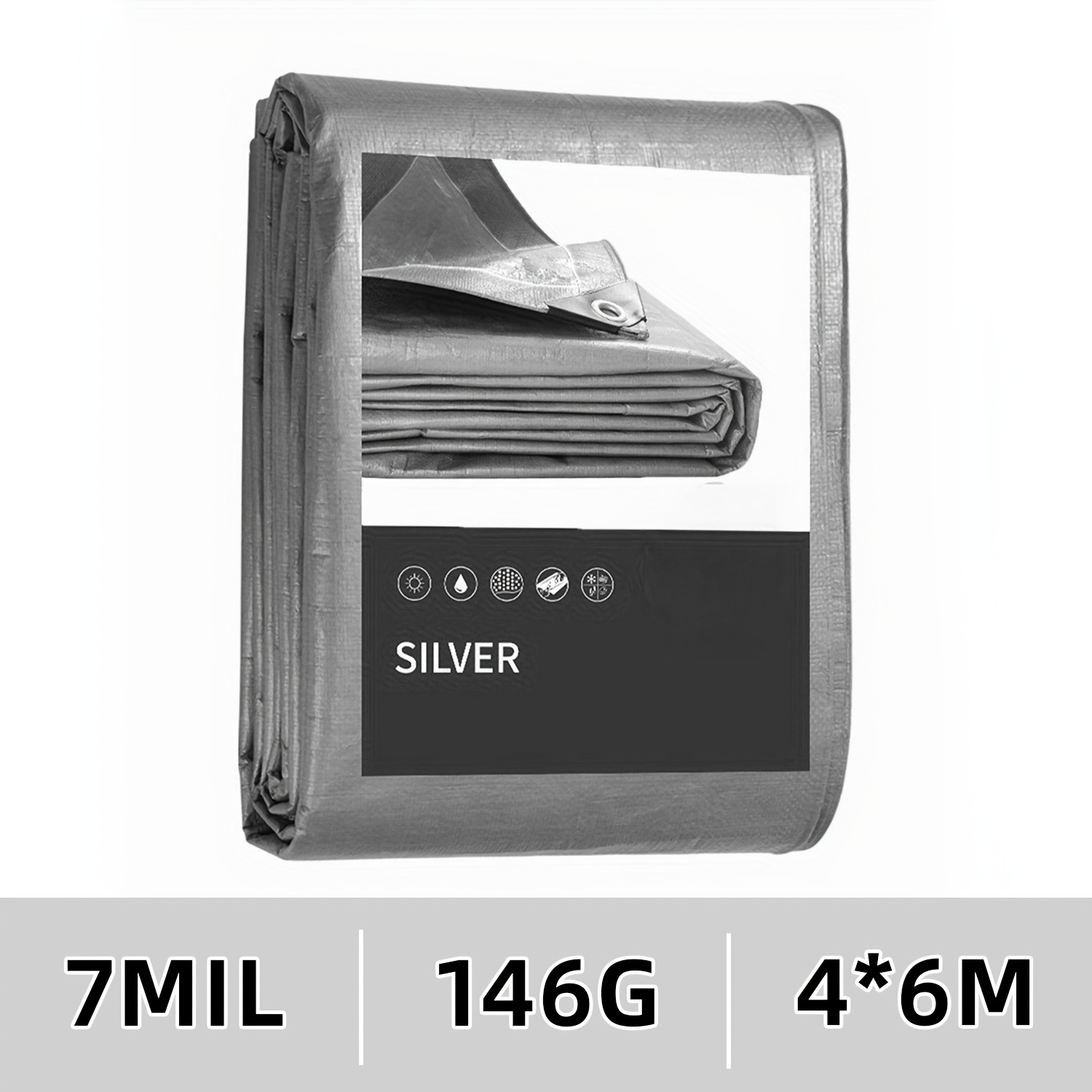 Image of Waterproof Tarpaulin, Tarp With Grommets, Grommets 2ft/0.61m, Silver, Suitable For Gardens, Patios, , Pools And More