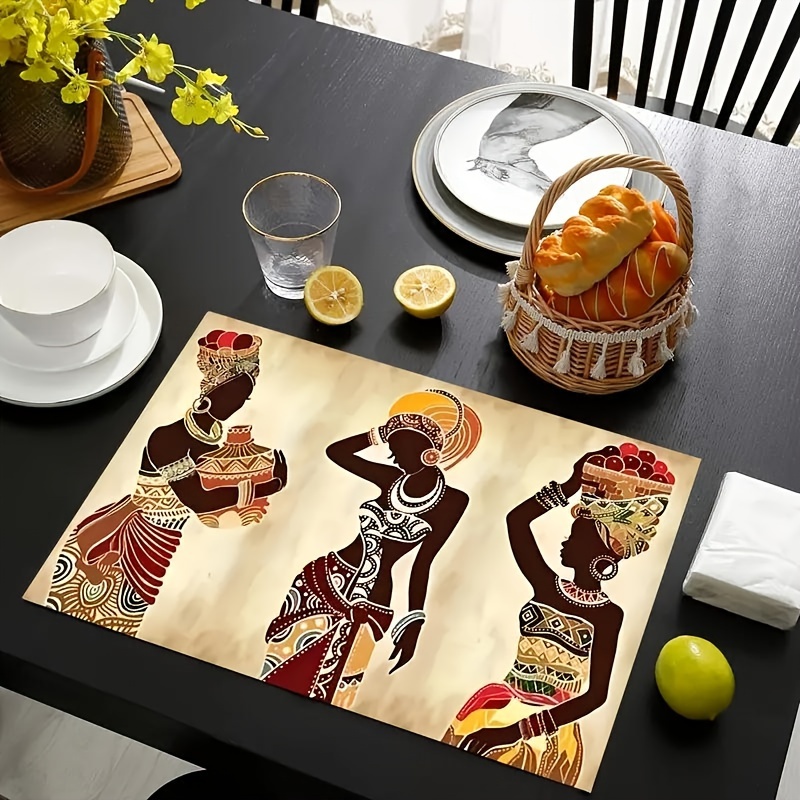 

Set Of 4 African Tribal Design Placemats - Woven Polyester, Rectangular, Washable, Ideal For Home Decor, Kitchen Celebrations, Anniversary Dinners And Farmhouse Settings