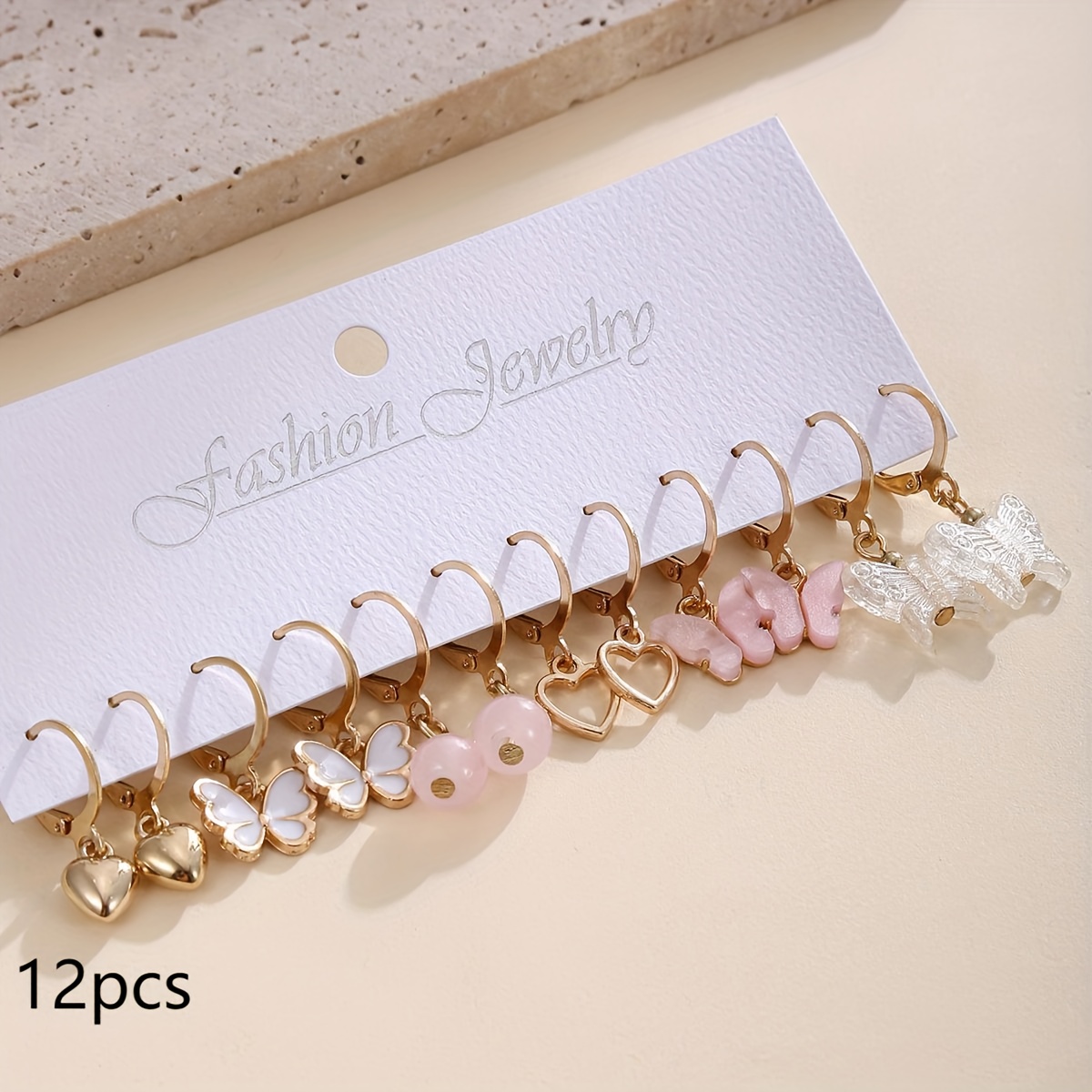 TEMU 36pcs (18 pièce) / 12pcs (6 pièce) Ensemble de boucles d'oreilles de dessin animé Ours en peluche rose Papillon transparent Cœur creux Bijoux