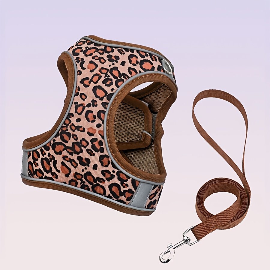 TEMU Dh009-leopard Print Pet Harness, Vest Harness With Breathable And Skin-friendly Mesh, 1.5-meter Leash, Lightweight Pet Harness For Small Medium