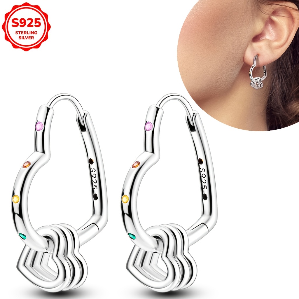 TEMU Pair Of Earrings Weighing , Made Of 925 Silver With Sweetheart Color Synthetic Zirconia And Multiple Rings For Women's Love Earrings Suitable For Engagement Parties, Weddings As Jewelry Gifts