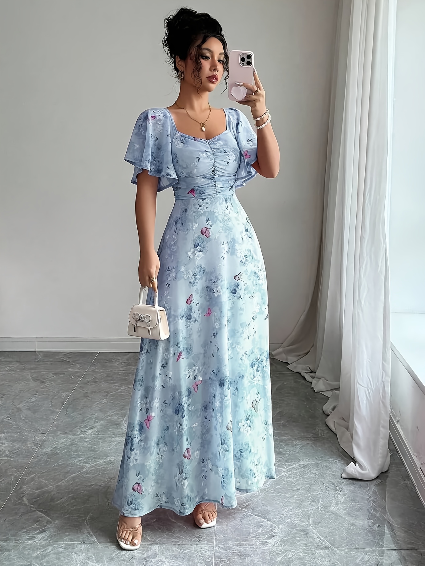 womens print batwing sleeve chiffon dress - Temu Cyprus