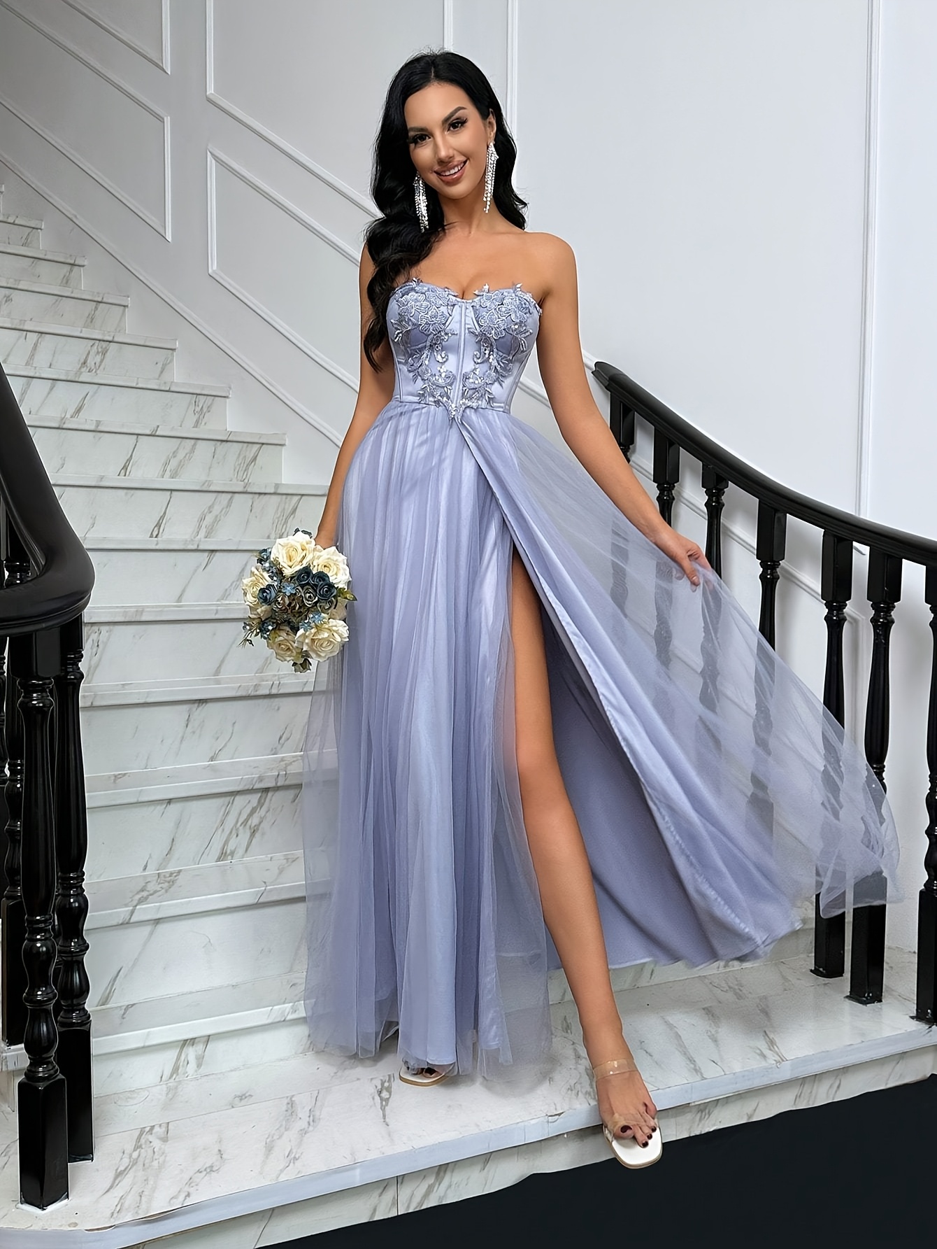 sachin and babi light blue dress Rome Plisse Off Shoulder High Slit Tulle Bridal Dress – Elia Vatine main image 0