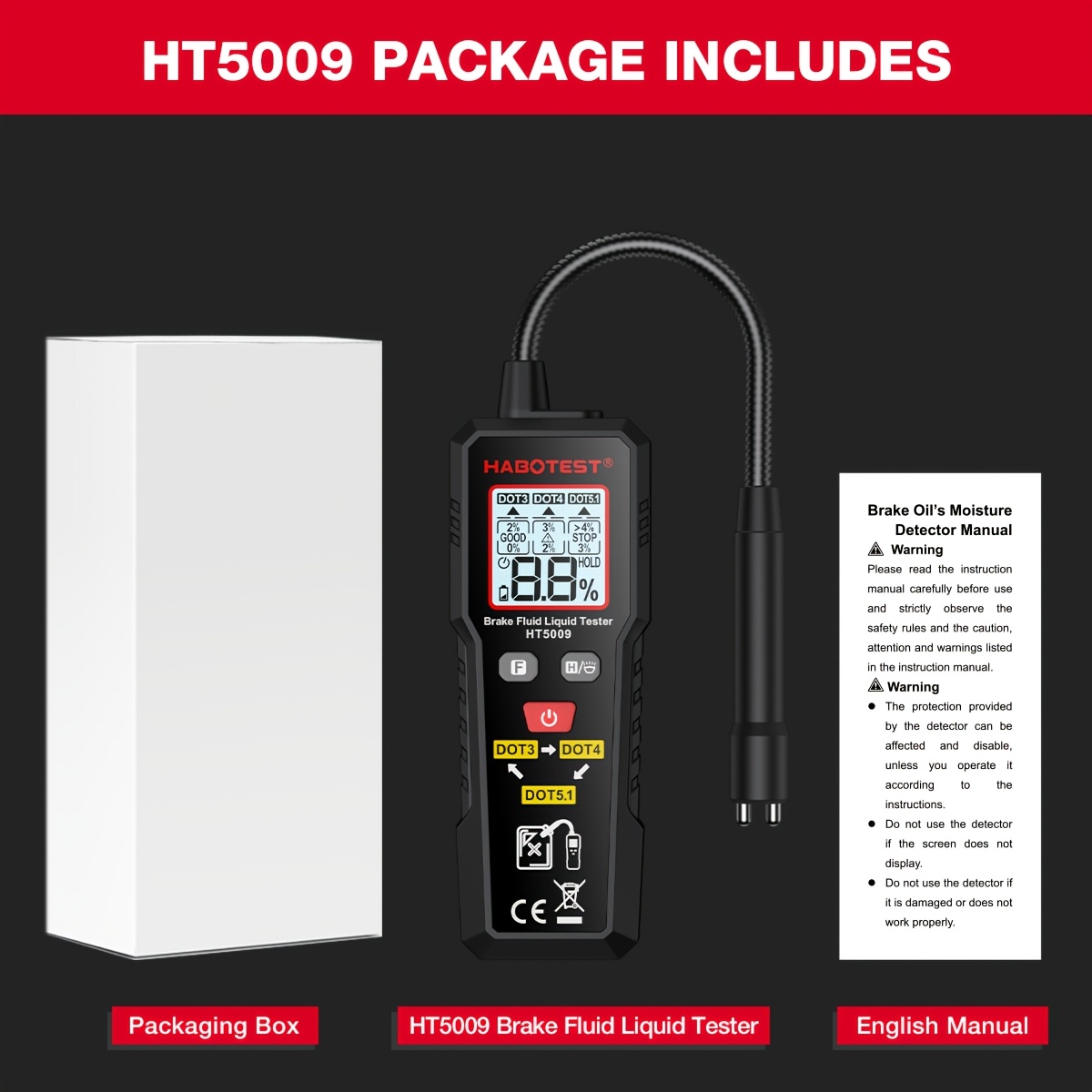 TEMU Habotest Ht5009 Digital Brake Fluid Tester - Professional Automotive Diagnostic Tool With 3-color Backlight Display, Fast & Accurate Moisture &