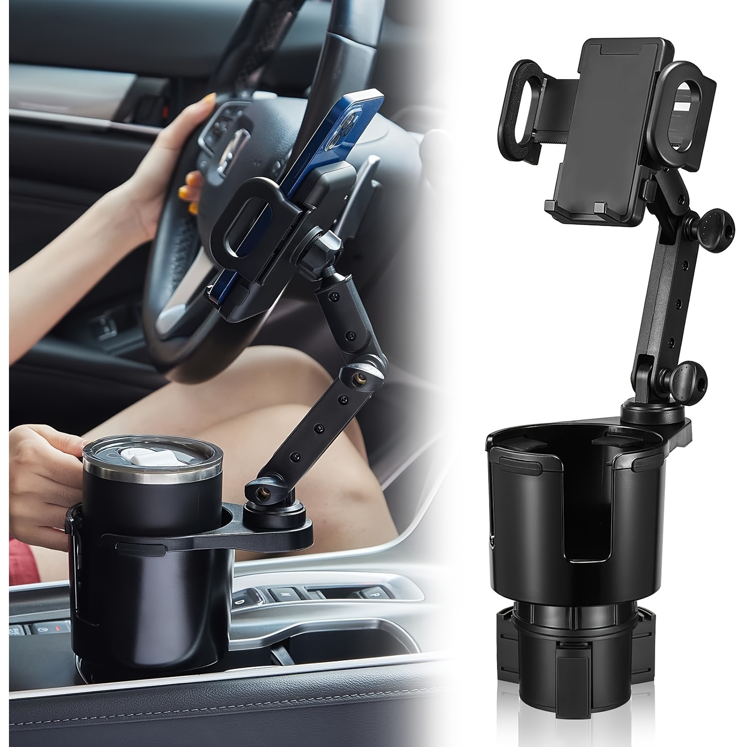 

2-in-1 Car Cup Holder And Phone Mount, Abs Material, 360° Rotatable Long Arm, Waterproof, Compatible With All Smartphones, Adjustable, Round Shape, For Vehicle Electronics Accessories