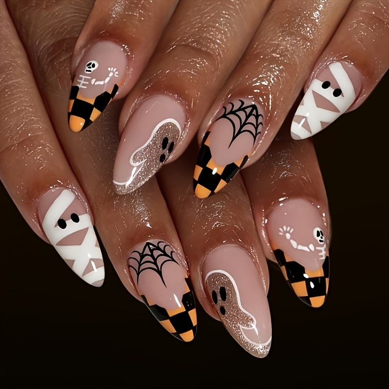 TEMU 26pcs (24pcs Wearable Armor And 1pc Nail File And 1pc Jelly Glue) Halloween Theme Almond-shaped Press-on Nails, Checkerboard French Web Ghost