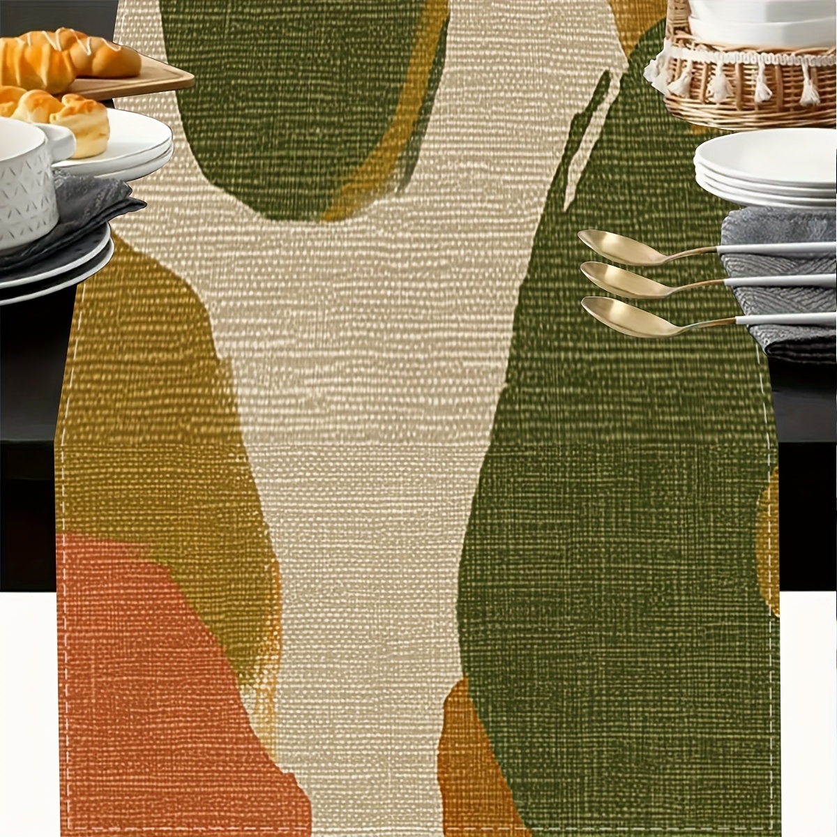 TEMU 2d Flat Extra-long Table Runner - , Brown, Olive Green, Mustard Yellow - Elegant Rectangular Floor-to-table Decoration, Suitable For Dining