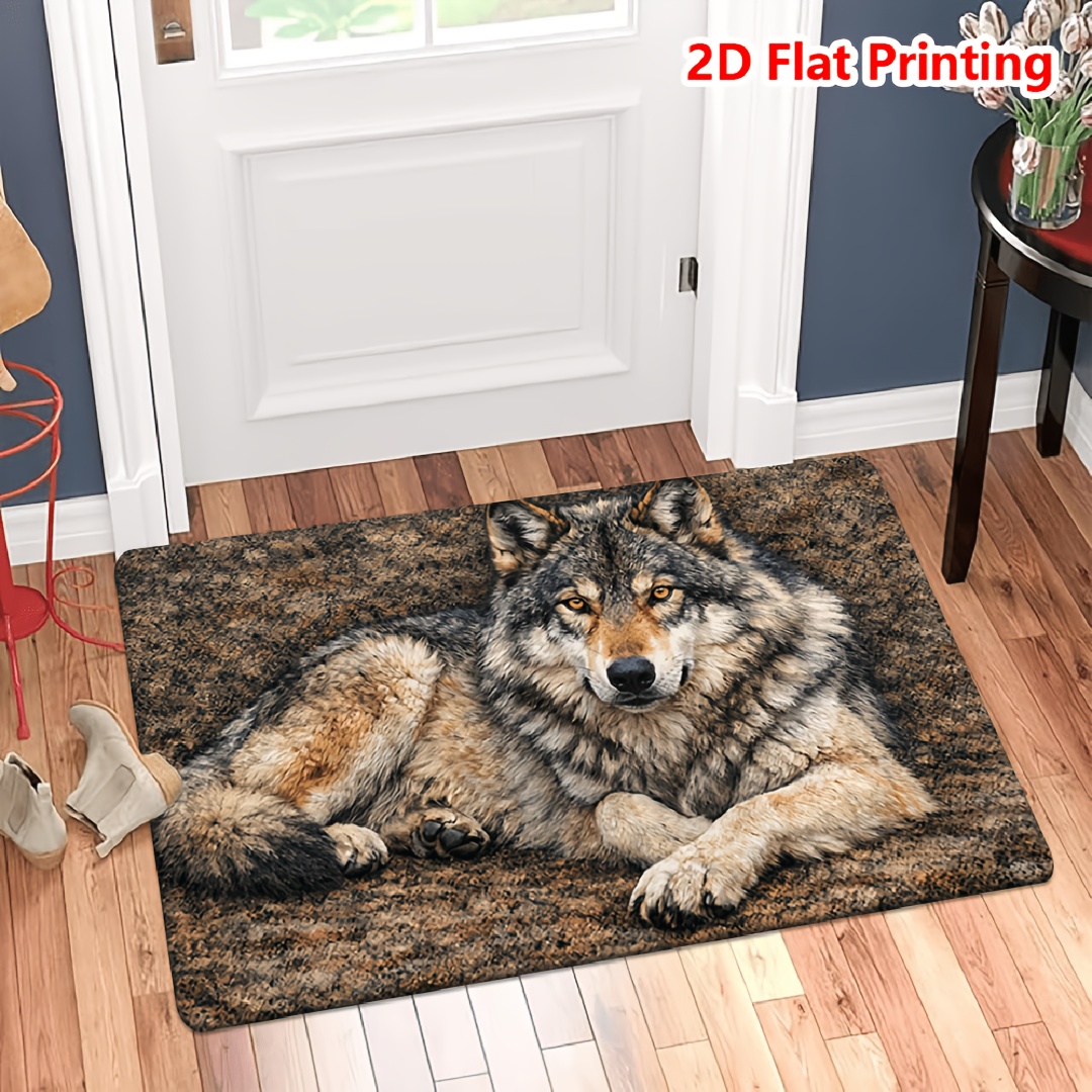 TEMU 1pc Wolf Print Rug Suitable For Living Room, Bedroom, Bathroom - Thick Non-slip Flannel Floor Mat With Gray Wolf, Machine Washable Absorbent
